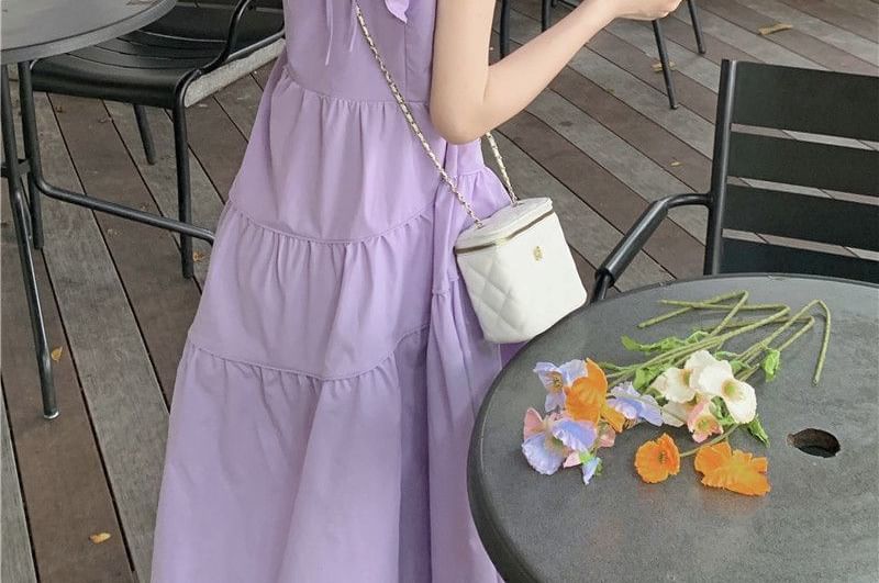 Dress Neck Ruffle Tiered A-Line Plain Round Trim Cap-Sleeve Midi