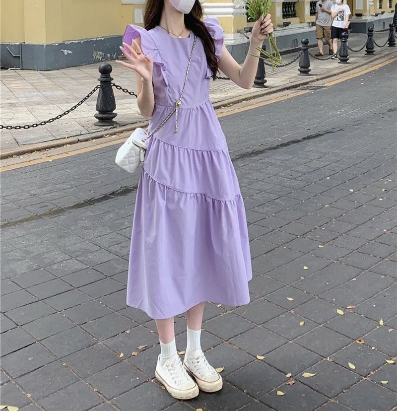 Dress Neck Ruffle Tiered A-Line Plain Round Trim Cap-Sleeve Midi