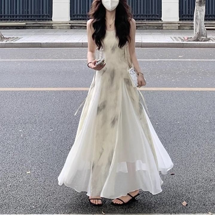 Midi Dress Print A-Line Strap Spaghetti