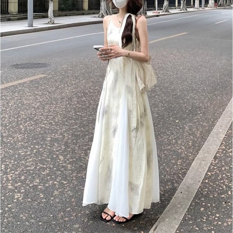 Midi Dress Print A-Line Strap Spaghetti