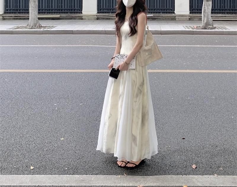 Midi Dress Print A-Line Strap Spaghetti