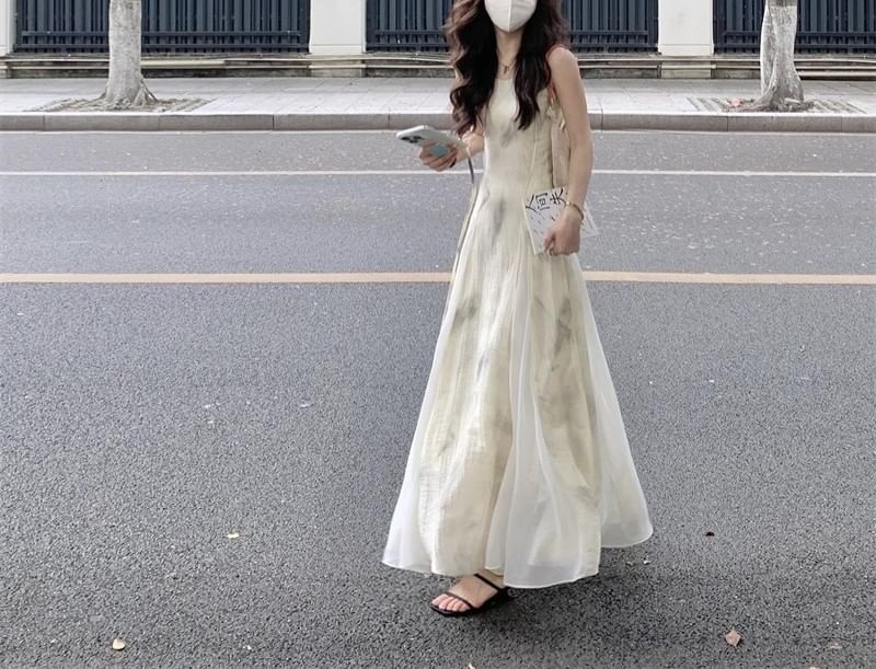 Midi Dress Print A-Line Strap Spaghetti