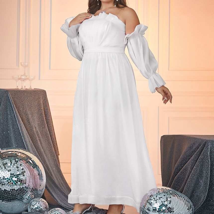 Gown Evening Plus A-Line Plain Puff-Sleeve Off-Shoulder Size