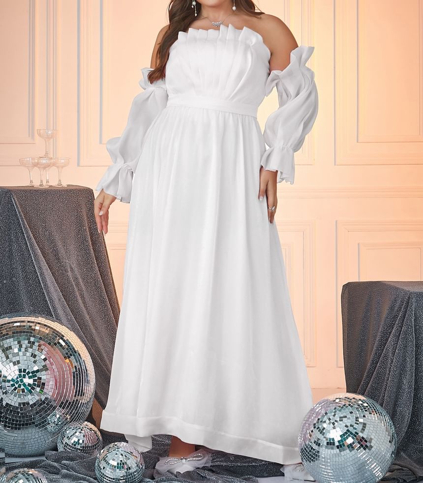 Gown Evening Plus A-Line Plain Puff-Sleeve Off-Shoulder Size