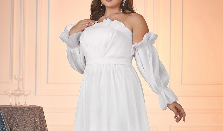 Gown Evening Plus A-Line Plain Puff-Sleeve Off-Shoulder Size