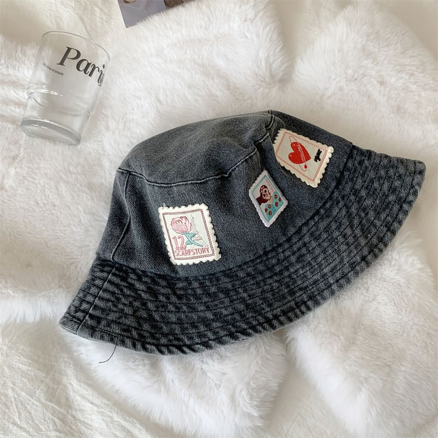 Washed Denim Bucket Applique Hat