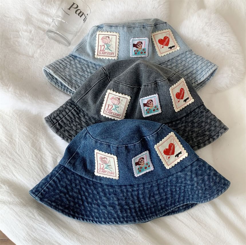 Washed Denim Bucket Applique Hat