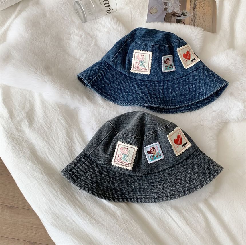 Washed Denim Bucket Applique Hat