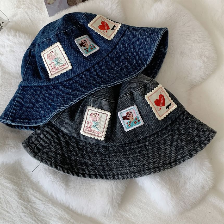 Washed Denim Bucket Applique Hat