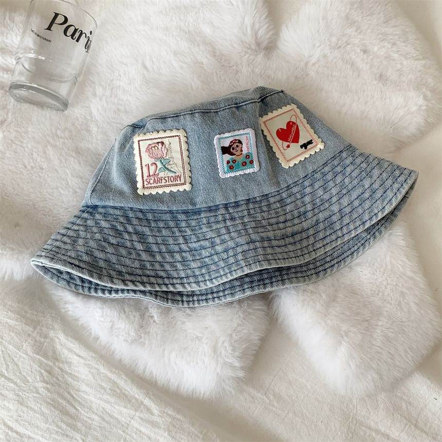Washed Denim Bucket Applique Hat