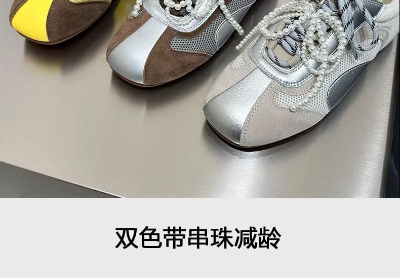 Bow Beaded Toe Square Panel Mesh Sneakers