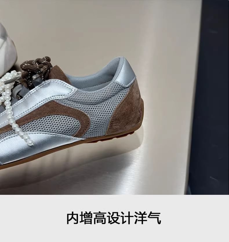 Bow Beaded Toe Square Panel Mesh Sneakers