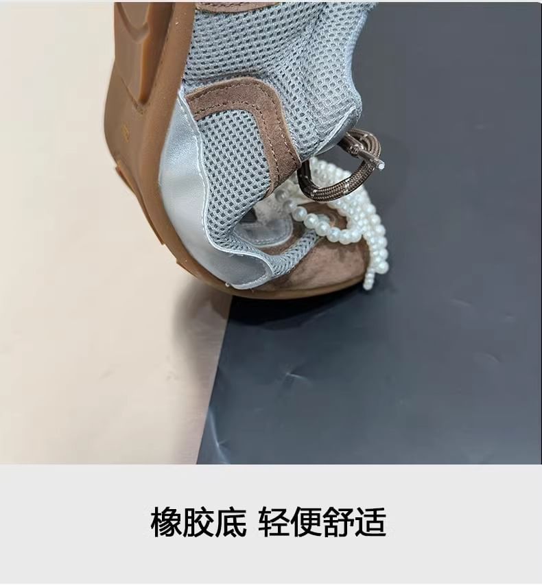 Bow Beaded Toe Square Panel Mesh Sneakers