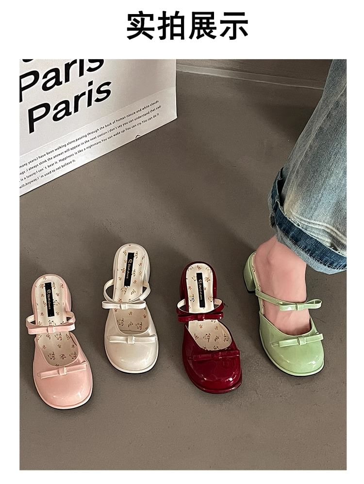Heel Patent Block Bow Jane Mary Mules Leather