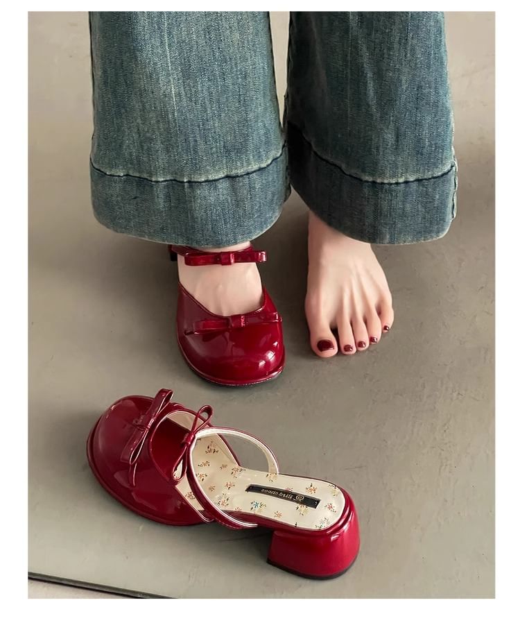 Heel Patent Block Bow Jane Mary Mules Leather