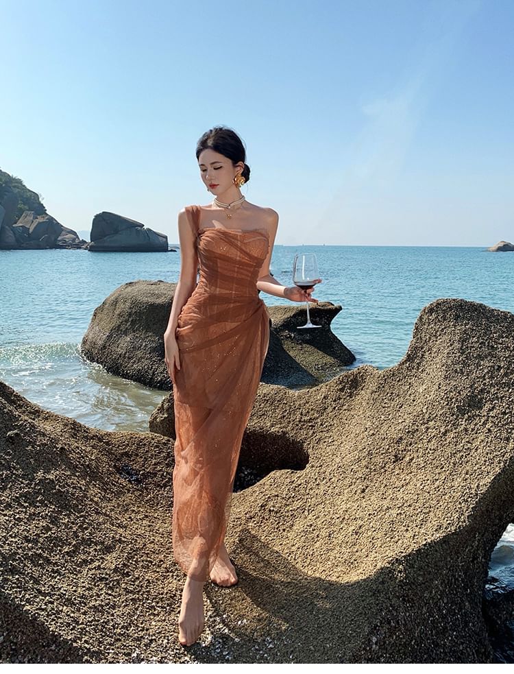 Ruched Sheath Panel Sleeveless Evening One Mesh Slit Gown Plain Lace Shoulder