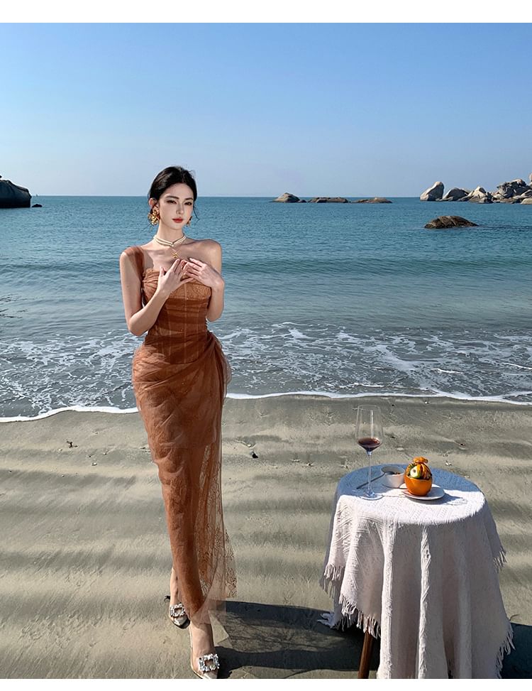 Ruched Sheath Panel Sleeveless Evening One Mesh Slit Gown Plain Lace Shoulder