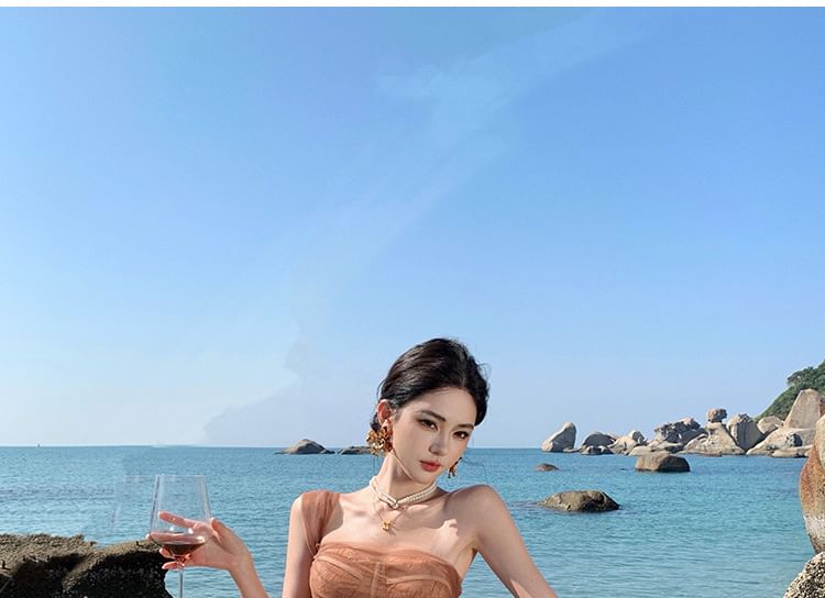 Ruched Sheath Panel Sleeveless Evening One Mesh Slit Gown Plain Lace Shoulder