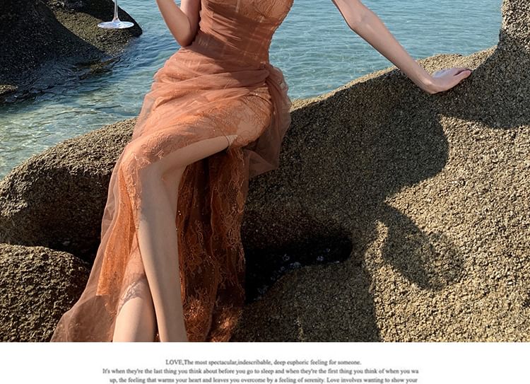 Ruched Sheath Panel Sleeveless Evening One Mesh Slit Gown Plain Lace Shoulder