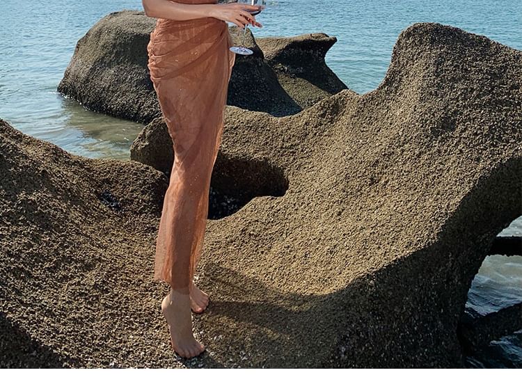 Ruched Sheath Panel Sleeveless Evening One Mesh Slit Gown Plain Lace Shoulder