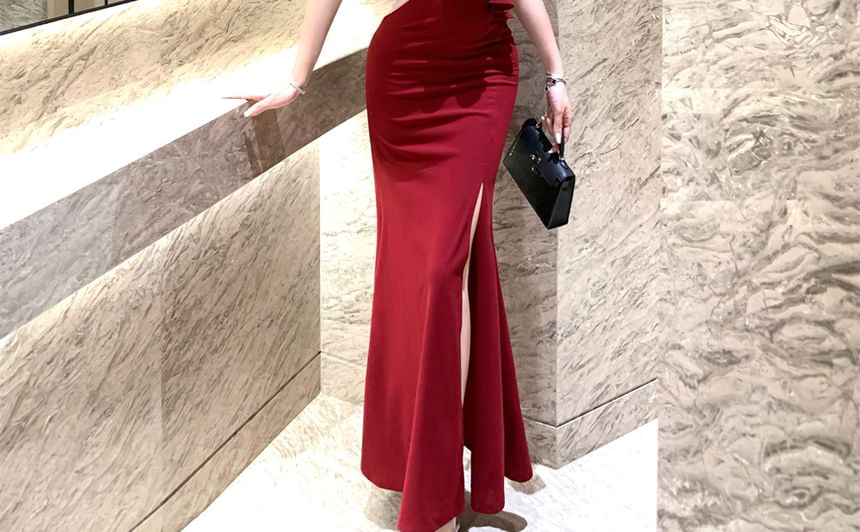 Evening Ruffle Mermaid Trim Gown Panel Shoulder Off