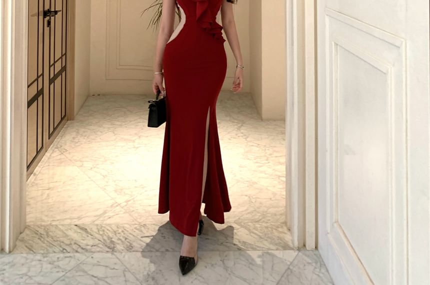 Evening Ruffle Mermaid Trim Gown Panel Shoulder Off