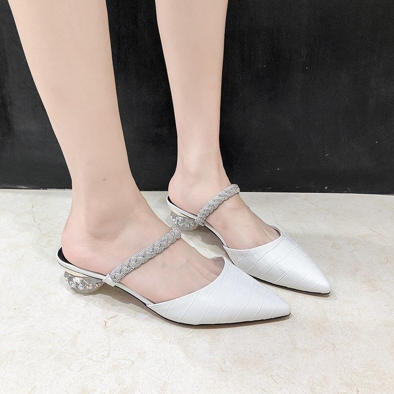 Heel Rhinestone Low Pointed Mules