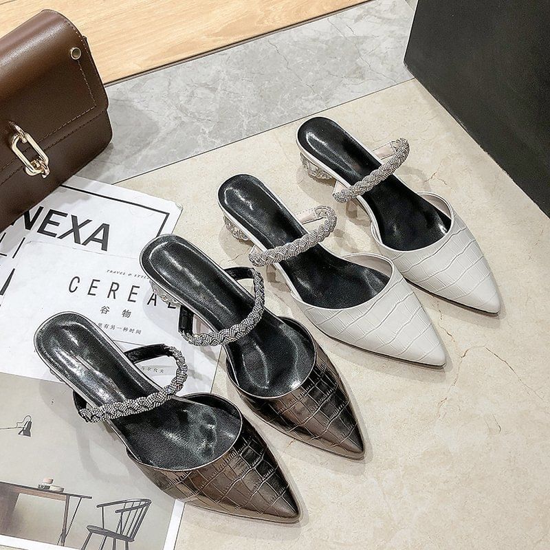 Heel Rhinestone Low Pointed Mules