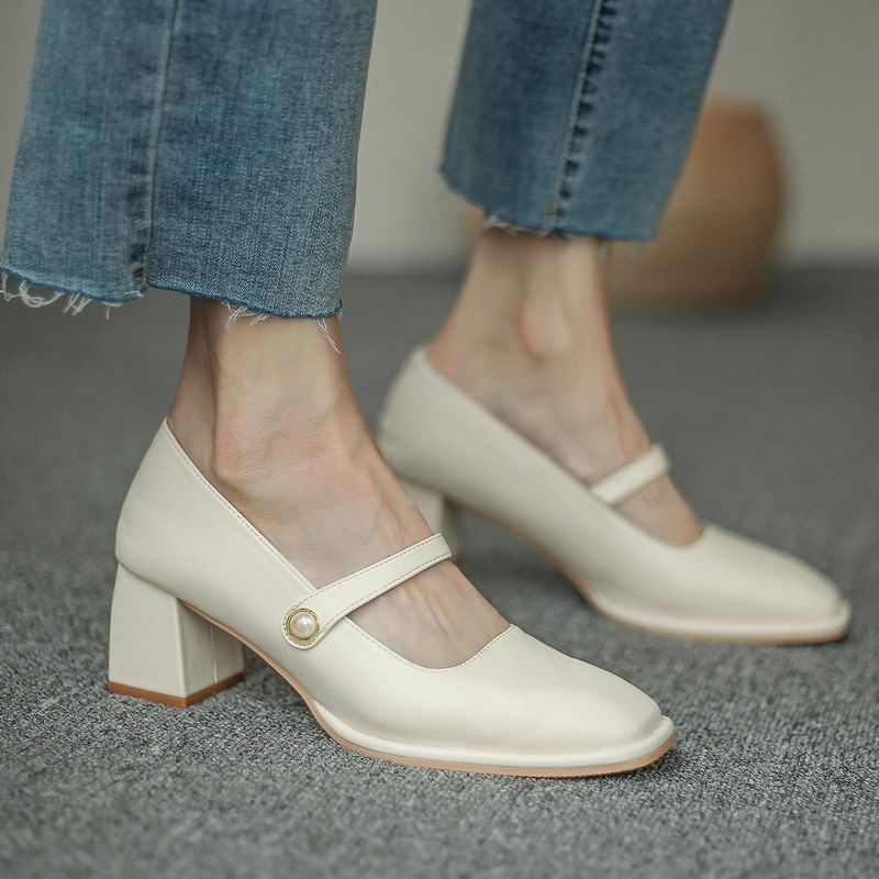Toe Jane Faux Pearl Square Chunky Mary Pumps Heel