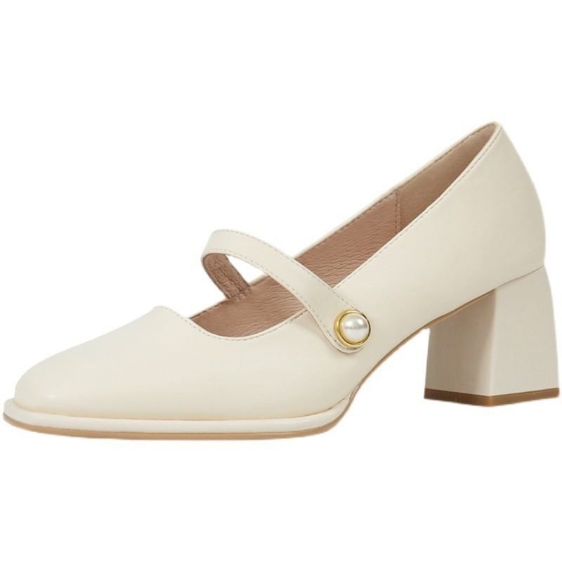 Toe Jane Faux Pearl Square Chunky Mary Pumps Heel