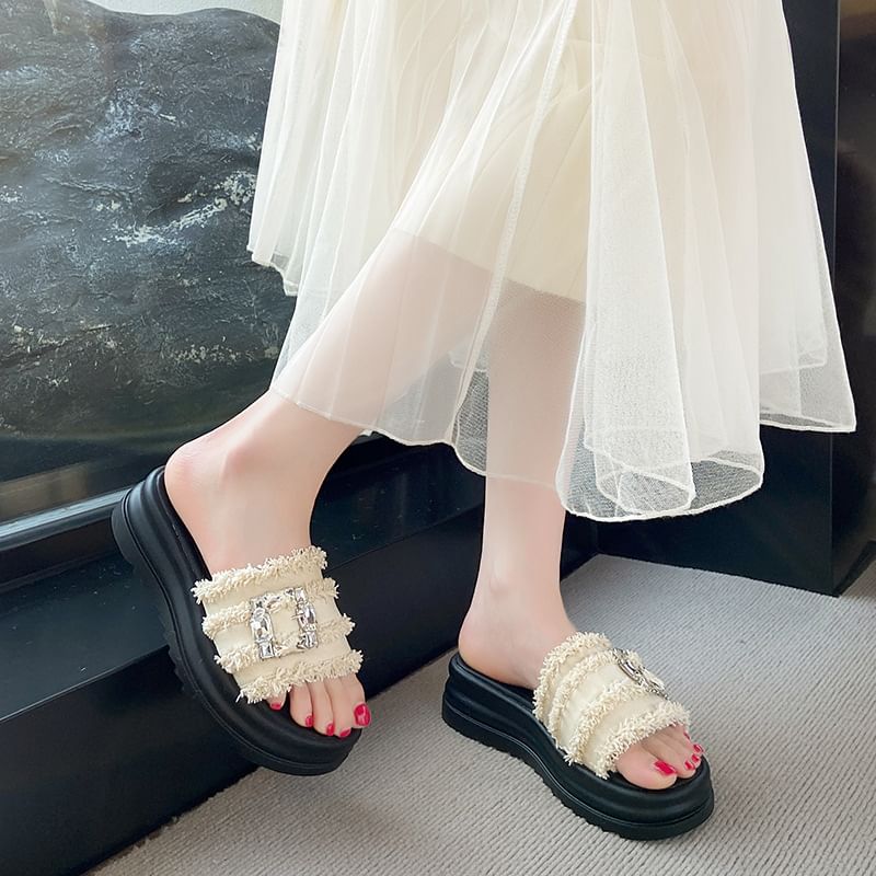 Buckled Rhinestone Slide Fringed Sandals Platform Trim