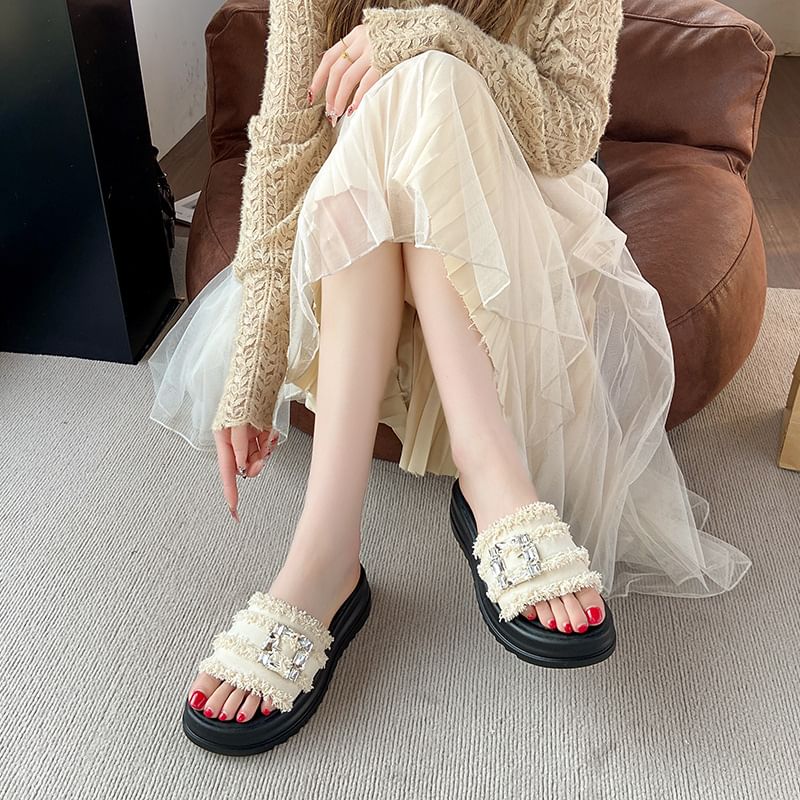 Buckled Rhinestone Slide Fringed Sandals Platform Trim
