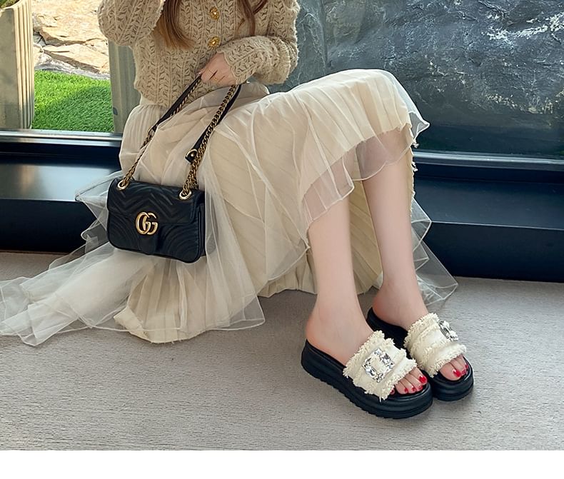 Buckled Rhinestone Slide Fringed Sandals Platform Trim