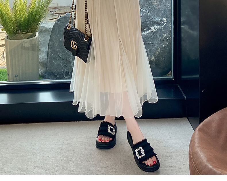 Buckled Rhinestone Slide Fringed Sandals Platform Trim