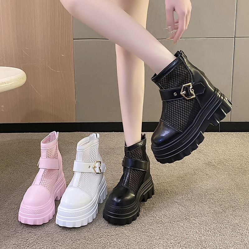 Short Buckled Boots Panel Heel Chunky Mesh Platform