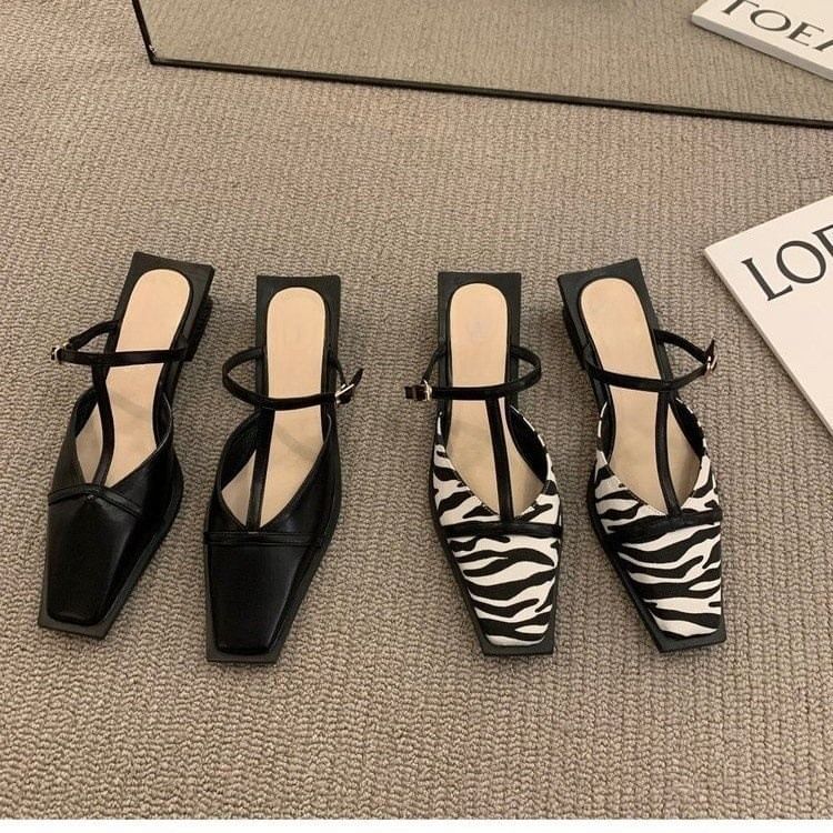 Chunky Toe Mules Square Heel T-Strap