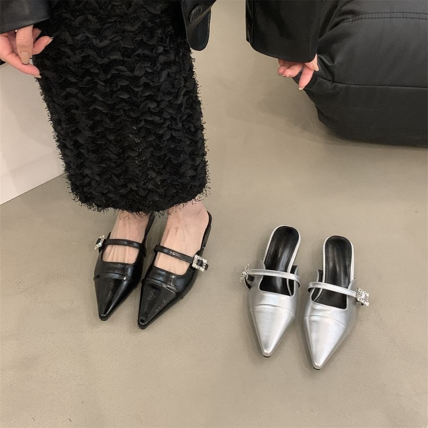 Pointed Buckled Chunky Toe Heel Mules