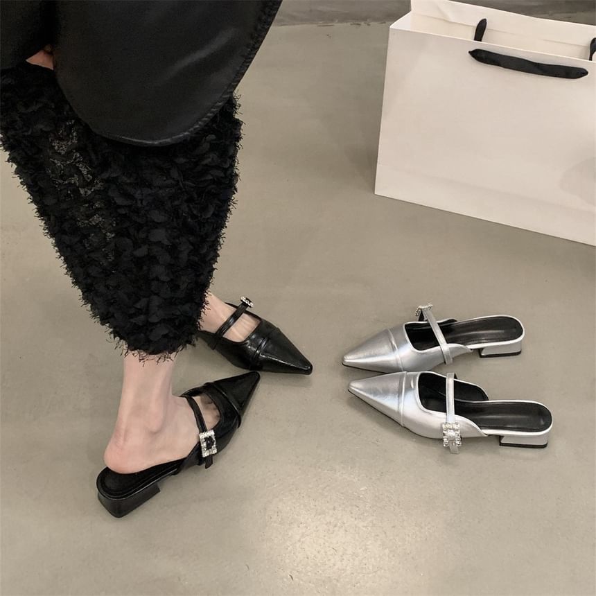 Pointed Buckled Chunky Toe Heel Mules