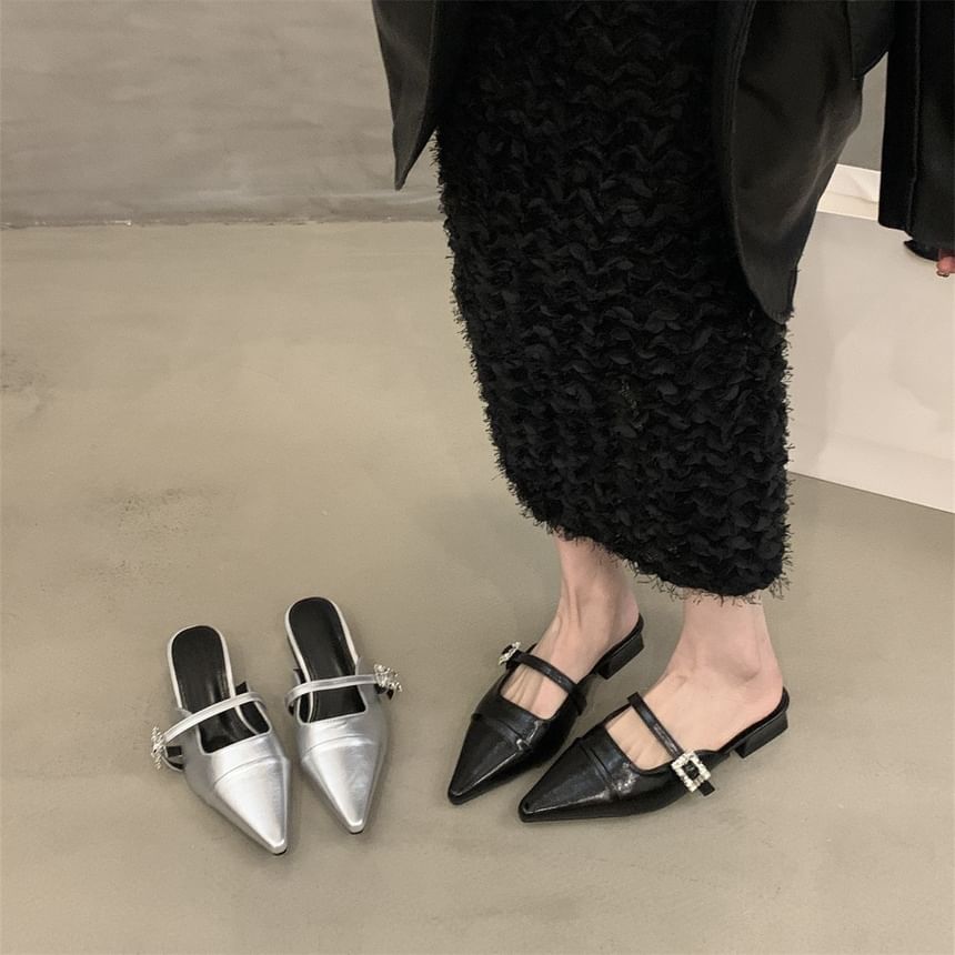 Pointed Buckled Chunky Toe Heel Mules