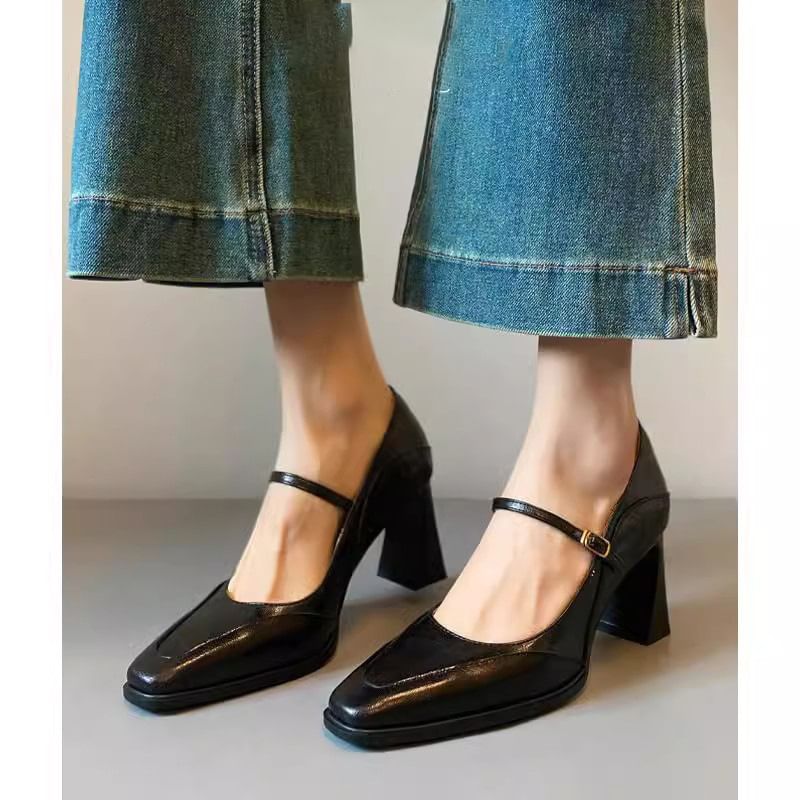 Mary Shoes Heel Faux Jane Leather Chunky