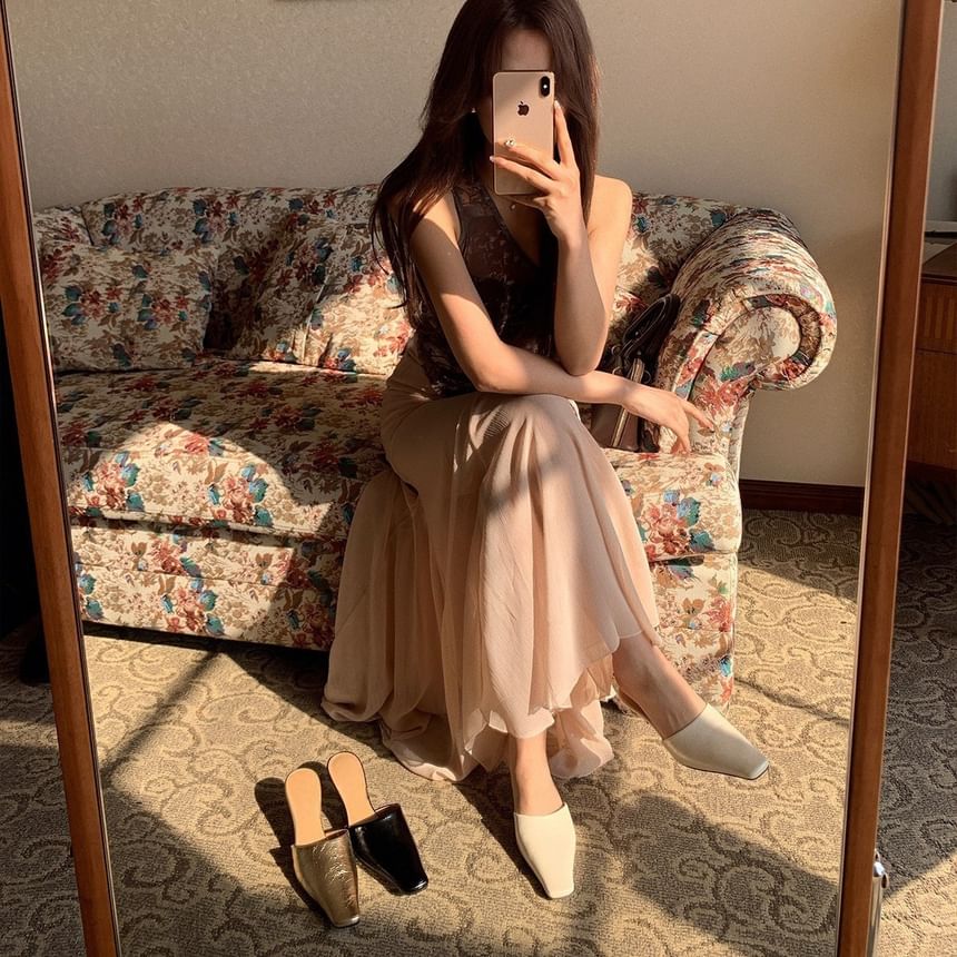 Kitten Faux Heel Mules Toe Leather Square