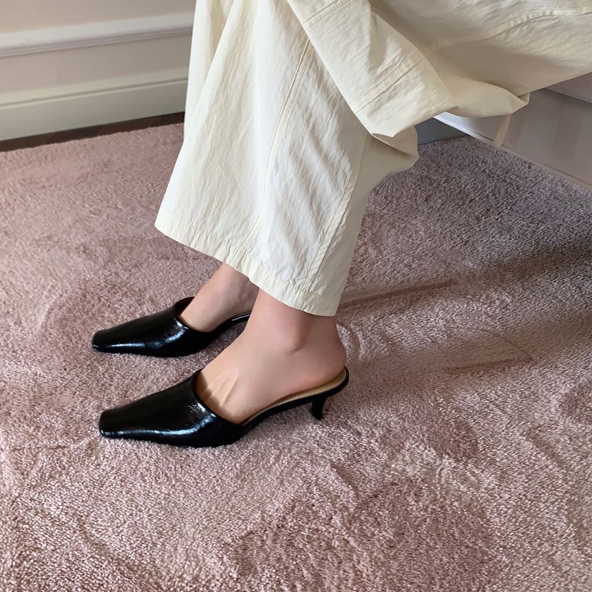 Kitten Faux Heel Mules Toe Leather Square