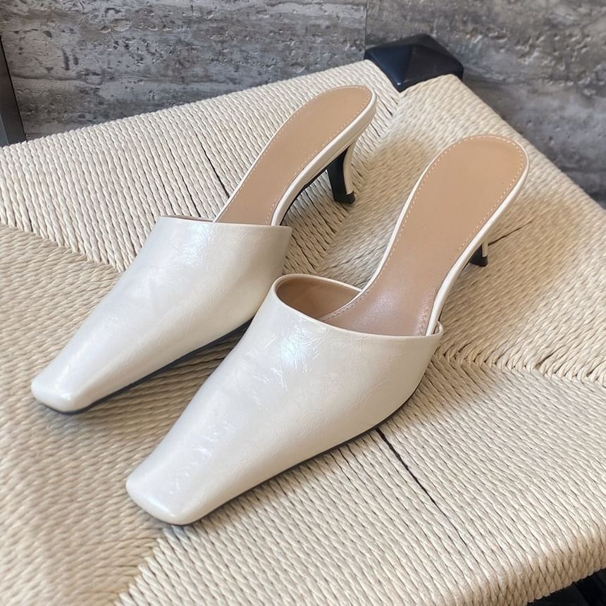 Kitten Faux Heel Mules Toe Leather Square