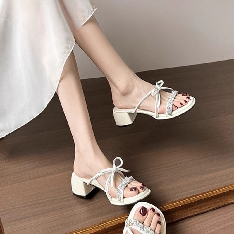 Heel Chunky Slide Sandals Bow Rhinestone
