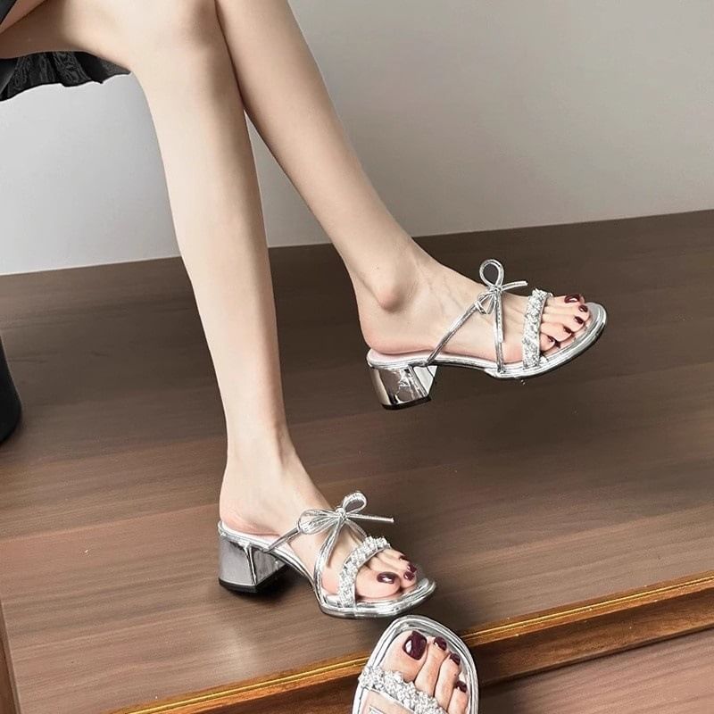 Heel Chunky Slide Sandals Bow Rhinestone