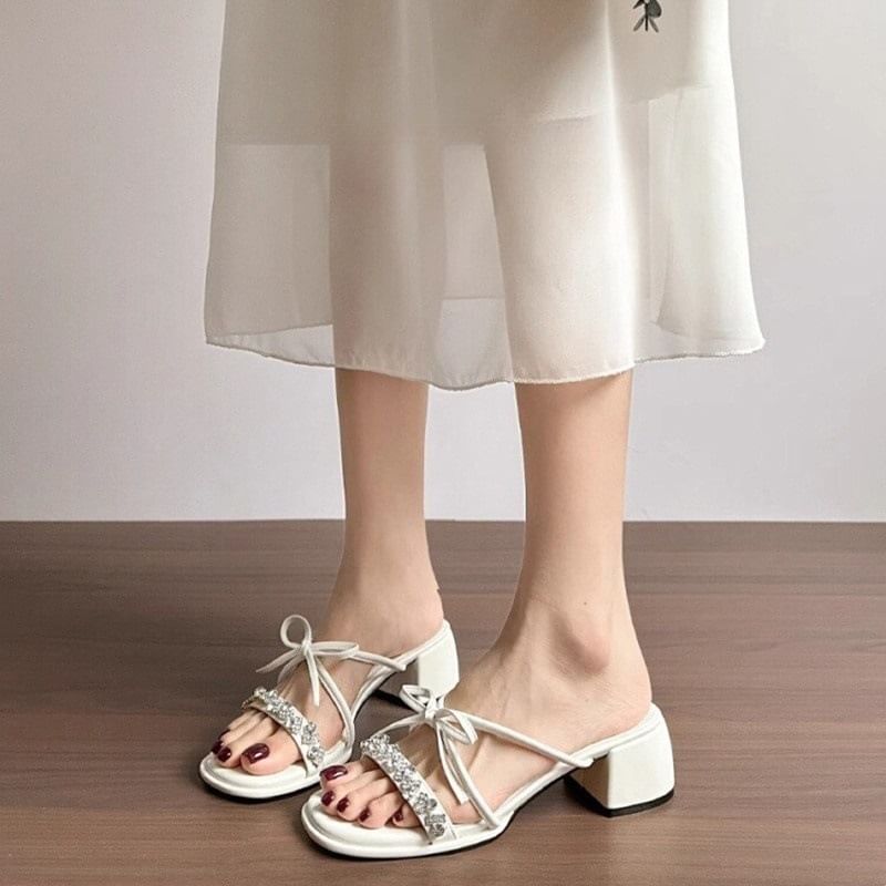 Heel Chunky Slide Sandals Bow Rhinestone