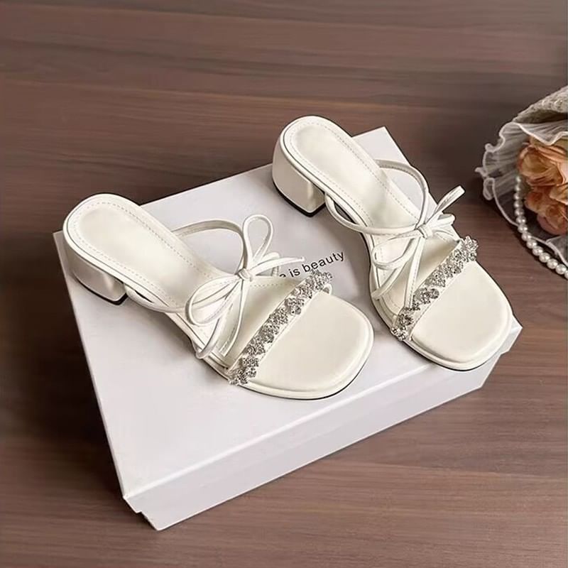 Heel Chunky Slide Sandals Bow Rhinestone