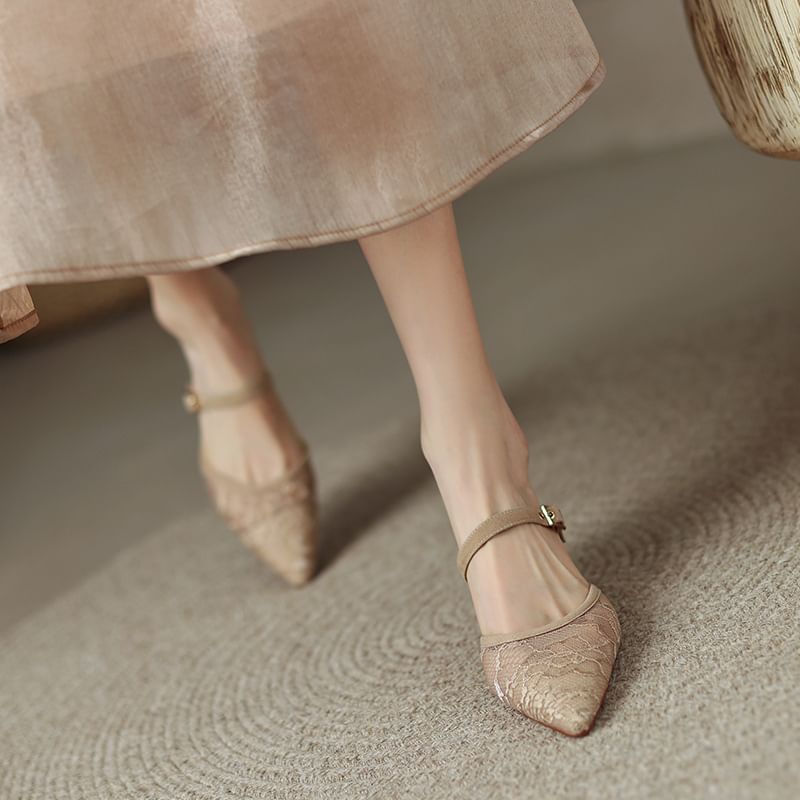 Heel Toe Kitten Mesh Pointed Floral Mules