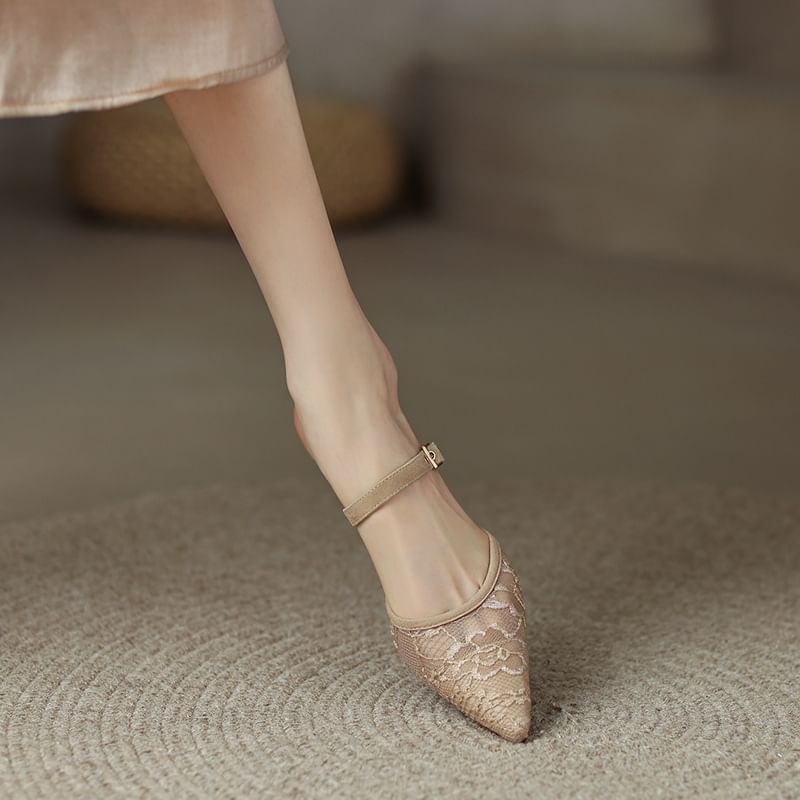 Heel Toe Kitten Mesh Pointed Floral Mules
