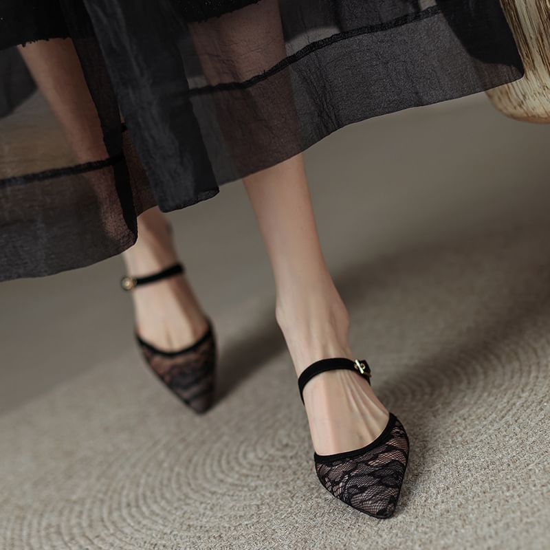 Heel Toe Kitten Mesh Pointed Floral Mules
